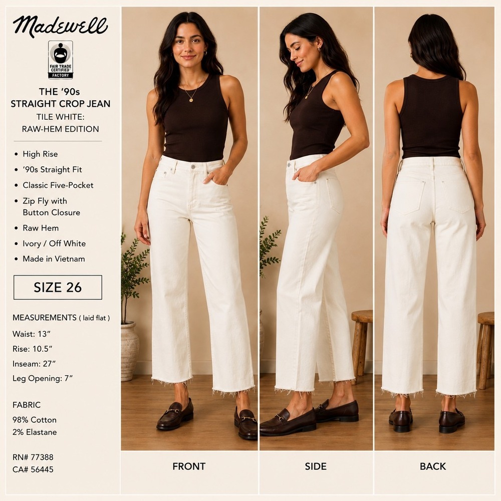 Madewell 90s Straight Crop Jeans Womens 26 Ivory Tile White Raw Hem High Rise